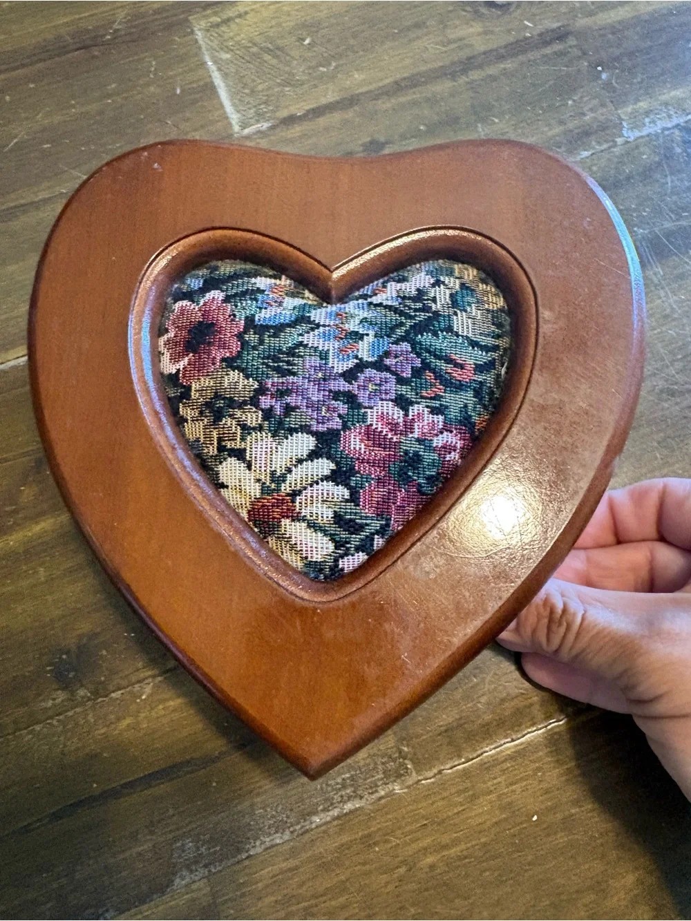 Vintage Heart Shaped Wood Jewelry Box Tapestry Velvet Mirror Grandma Granny
